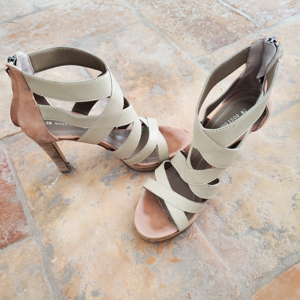 Boss Orange Strappy Beige, Brown Leather High Heels, Zip up. - Picture 2 of 5